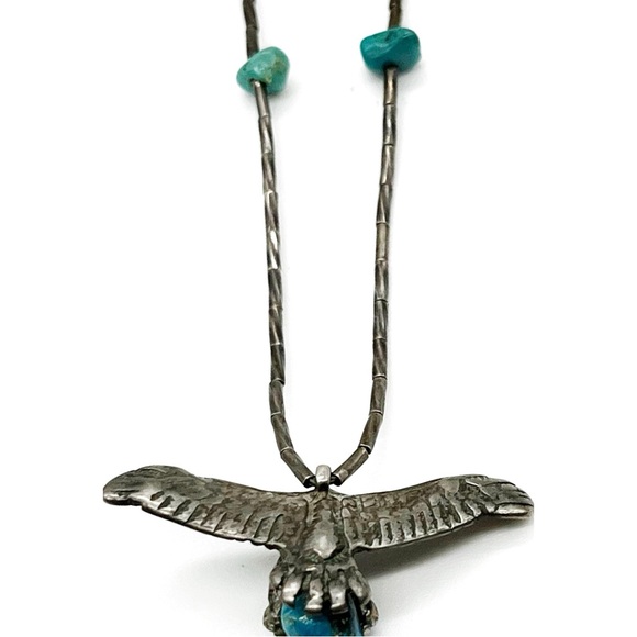 Liquid Silver Flying Eagle with Turquoise Choker Necklace Southwest Jewelry - Picture 2 of 2